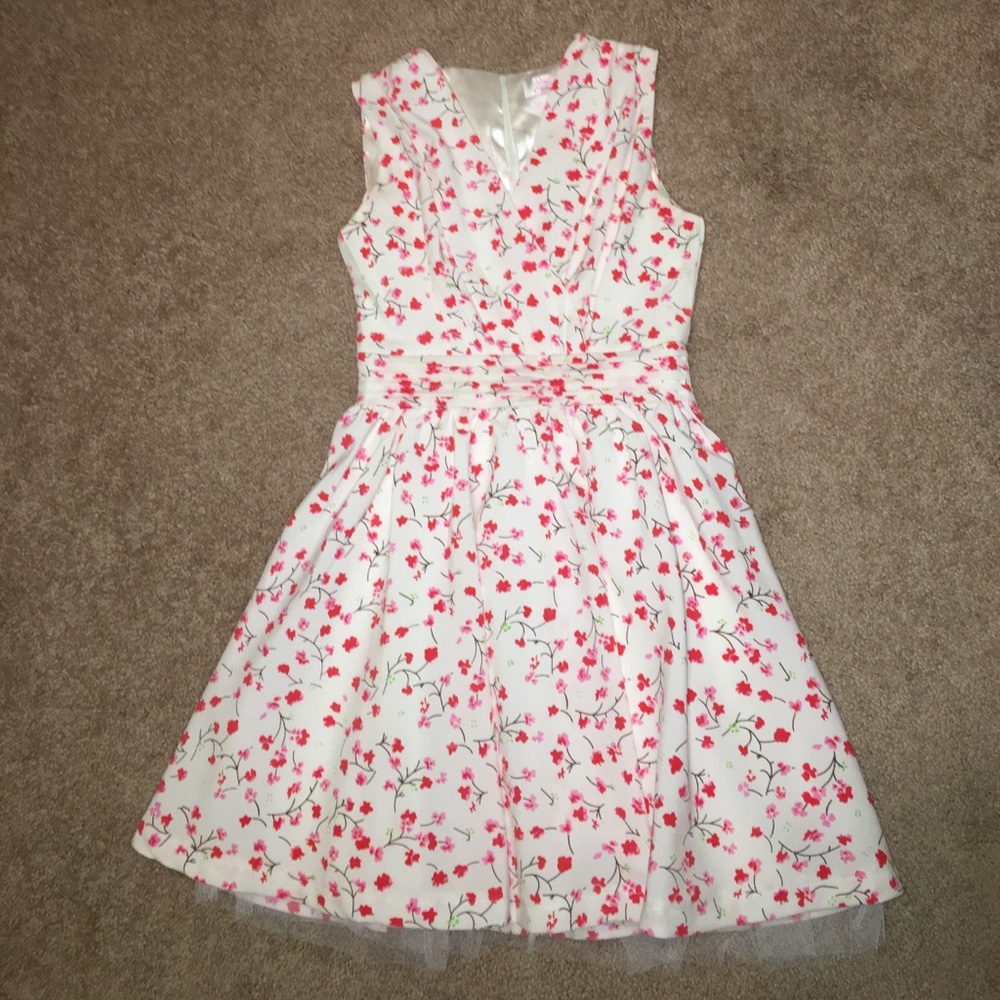 White and Red Floral V-Neck Dress