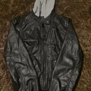 Black leather jacket with removable hood