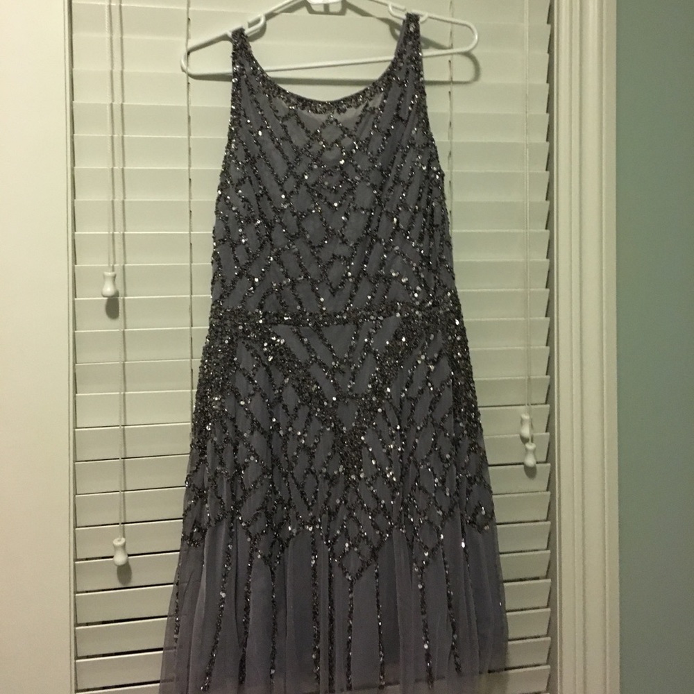Gray lace with silver sequins cocktail dress