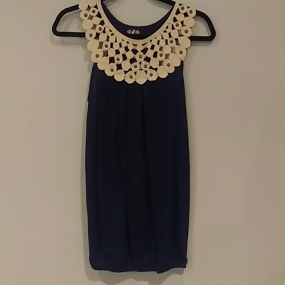 Navy tank with crocheted neckline