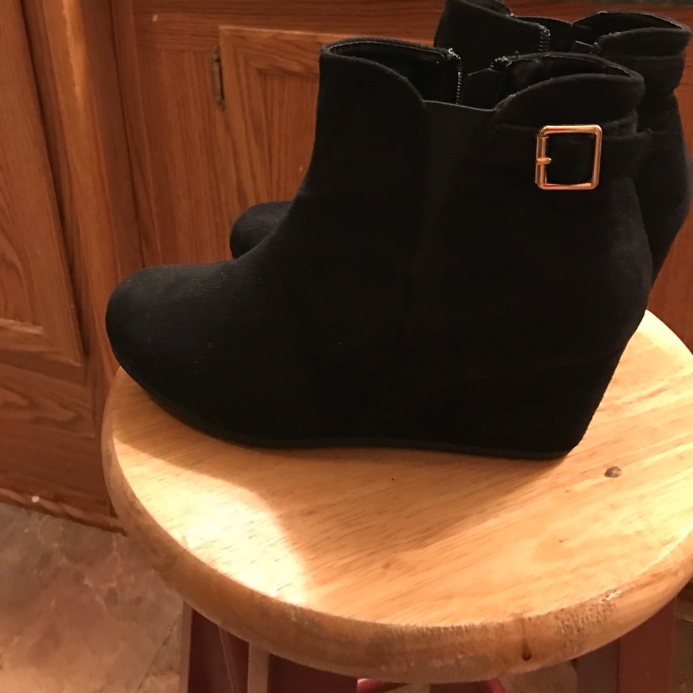 Brand new black suede wedge bootie w/gold buckle