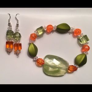 Green and tangerine bracelet and earrings set