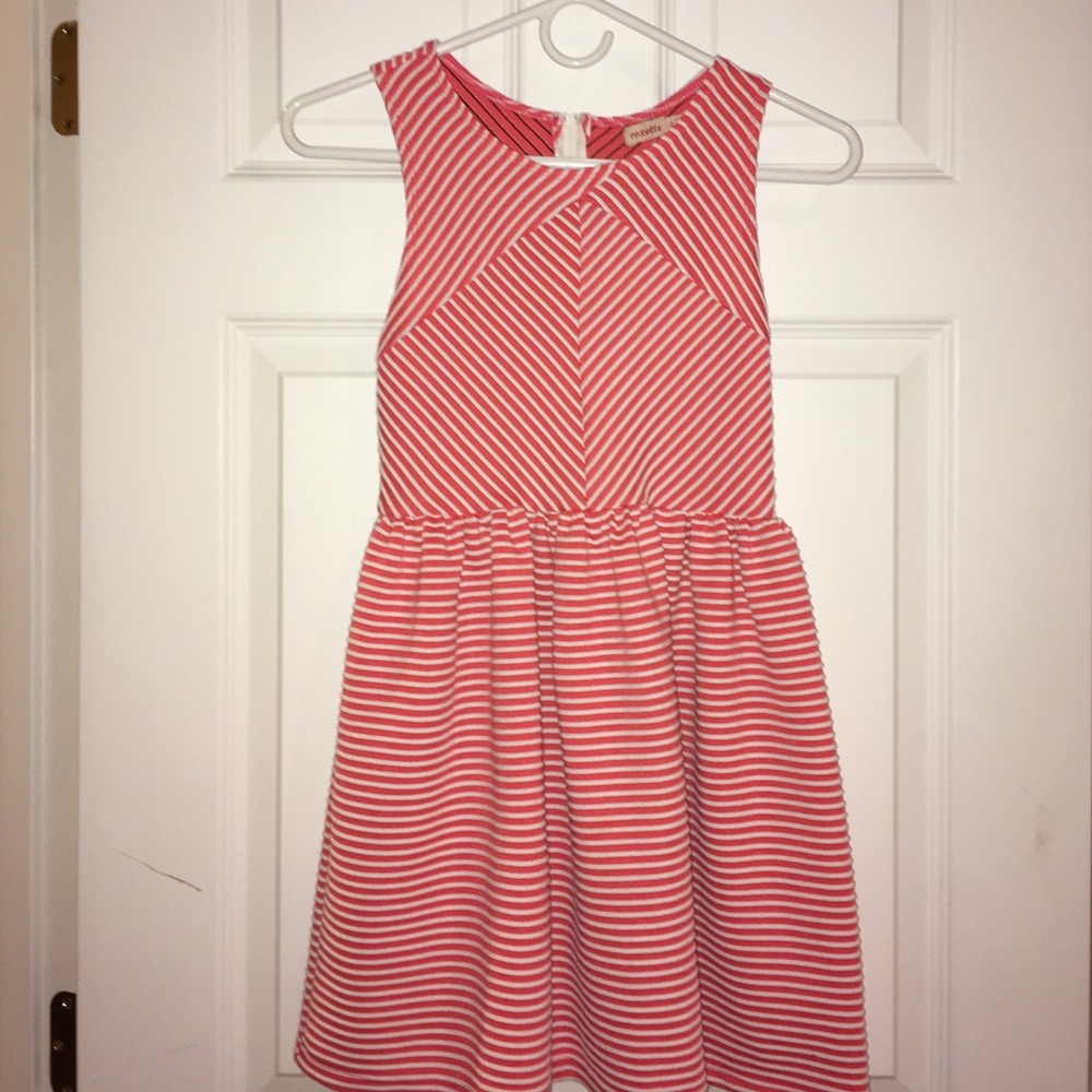 pink/coral dress with white stripes.