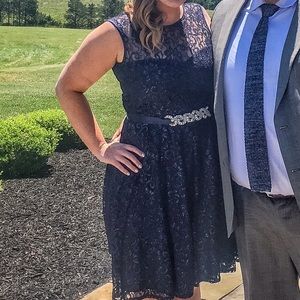cocktail dress, navy, lace, embellished waist