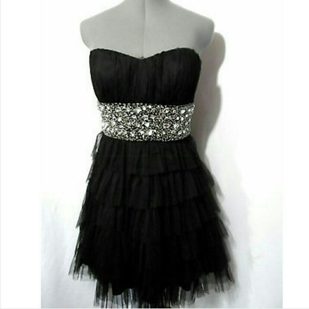 DEB Formal Prom Dress 9/10 Black Beaded TULLE Tier