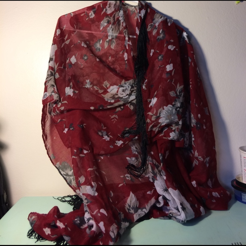 Red Floral Fringe Shawl Scarf