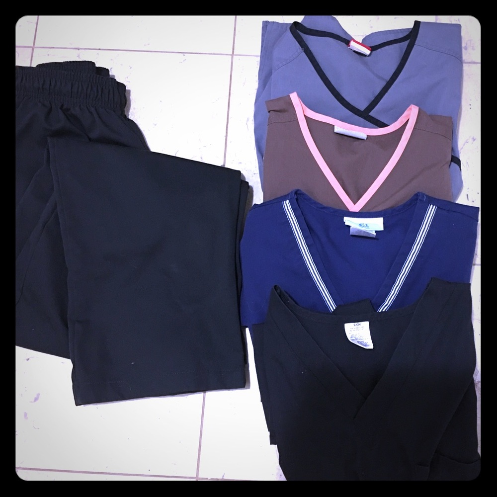 (4) small scrub tops, (1) small scrub pants