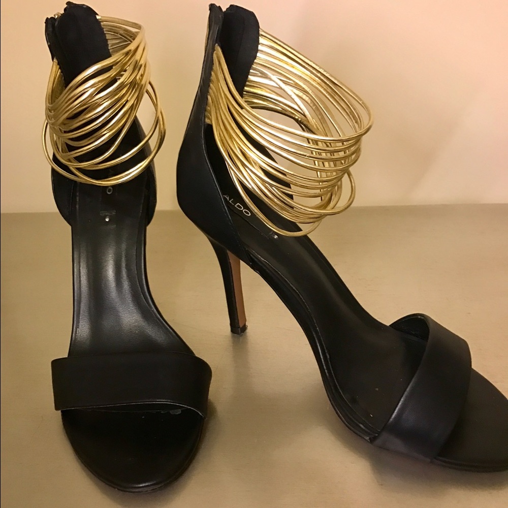 Black Aldo Heels with gold ankle straps