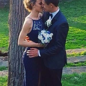 MAKE AN OFFER Full length prom dress lace blue