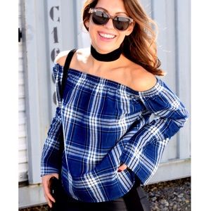 Cloth & Stone Blue Plaid Off The Shoulder Top Cloth & Stone Blue Plaid Off The Shoulder Top
