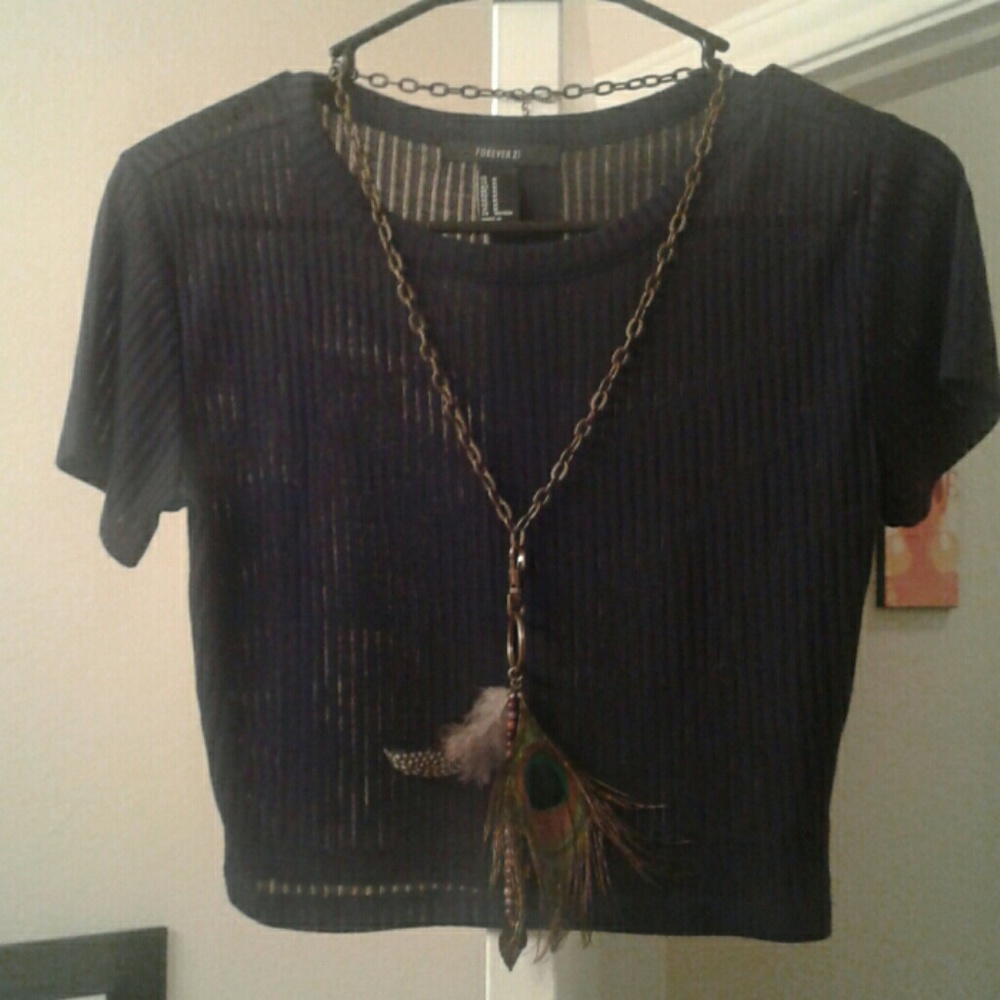 Crop top & Boho long necklace w/ peacock feathers