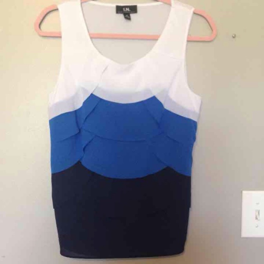 Navy, blue, and white ruffled shirt sz Medium