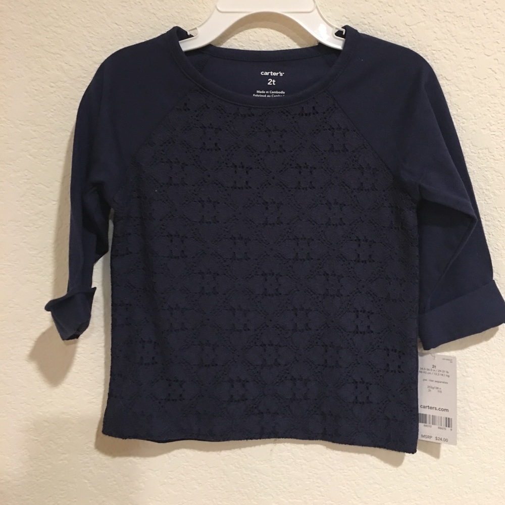 Carter's Navy Lace Detail 3/4 sleeve shirt 2T