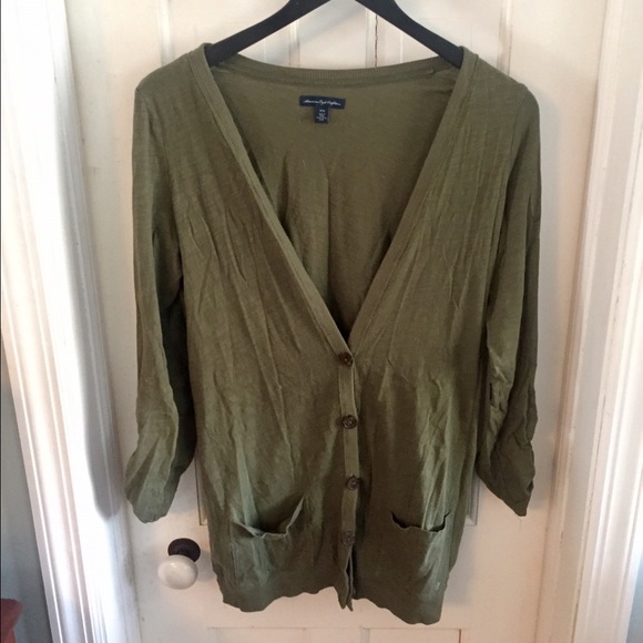 American Eagle Long Army Green Cardigan - Picture 1 of 3