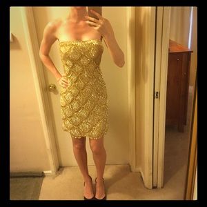 BASIX Black Label Gold Beaded Strapless Dress