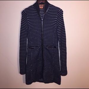 Tory Burch Blk Gry Wht Wool Dress Leather Trim XS