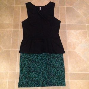 Black + teal leopard print dress;