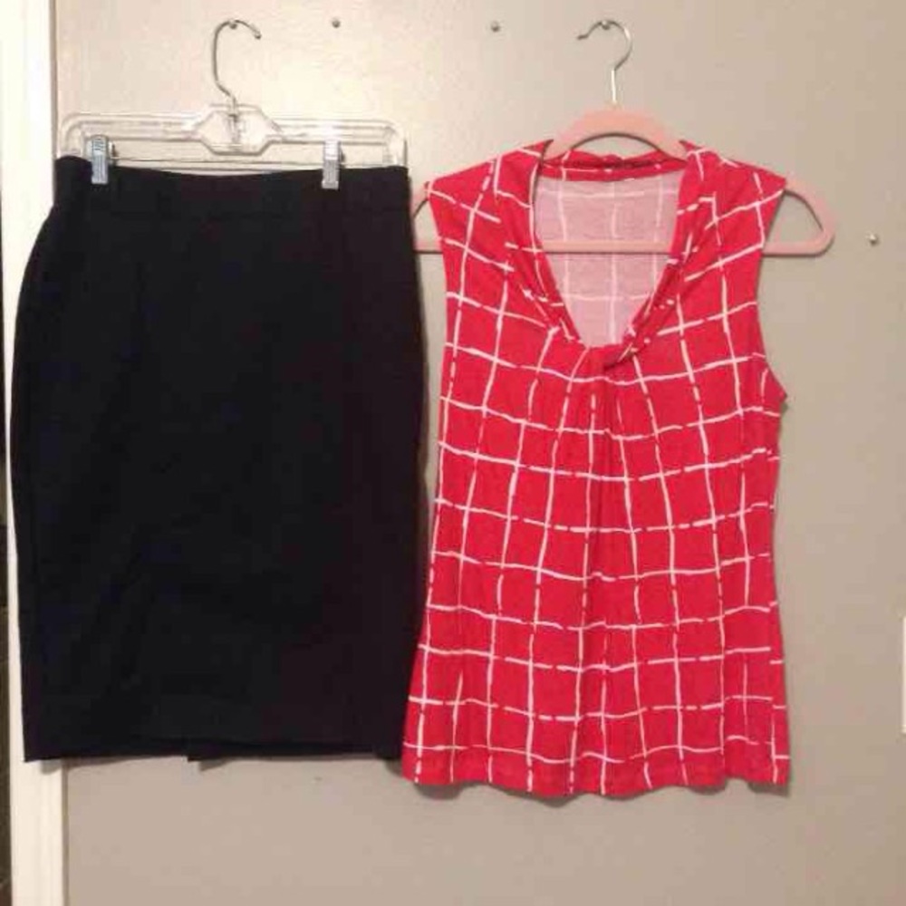 Black pencil skirt size 6 and red shirt size small
