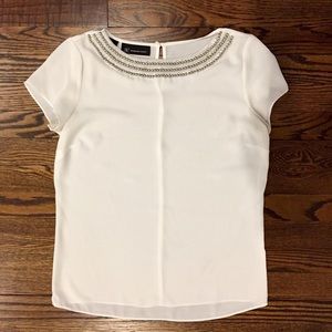 INC Blouse w Silver and White Beaded Trim