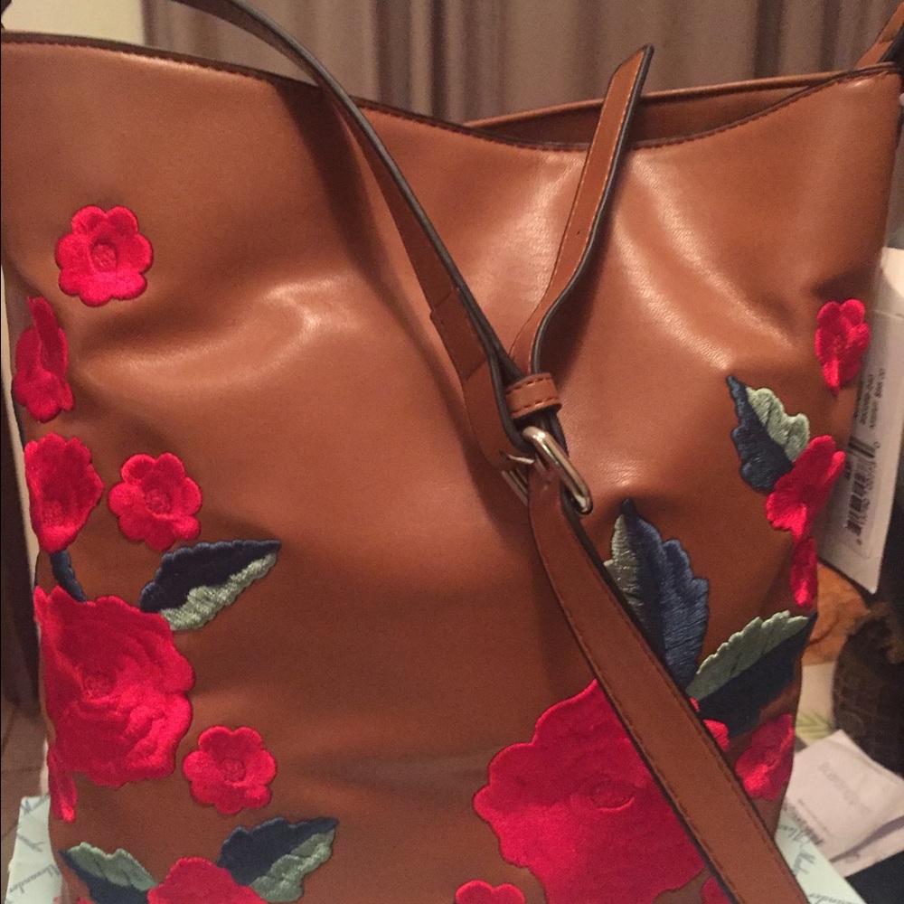 French Connection brown bag with red roses