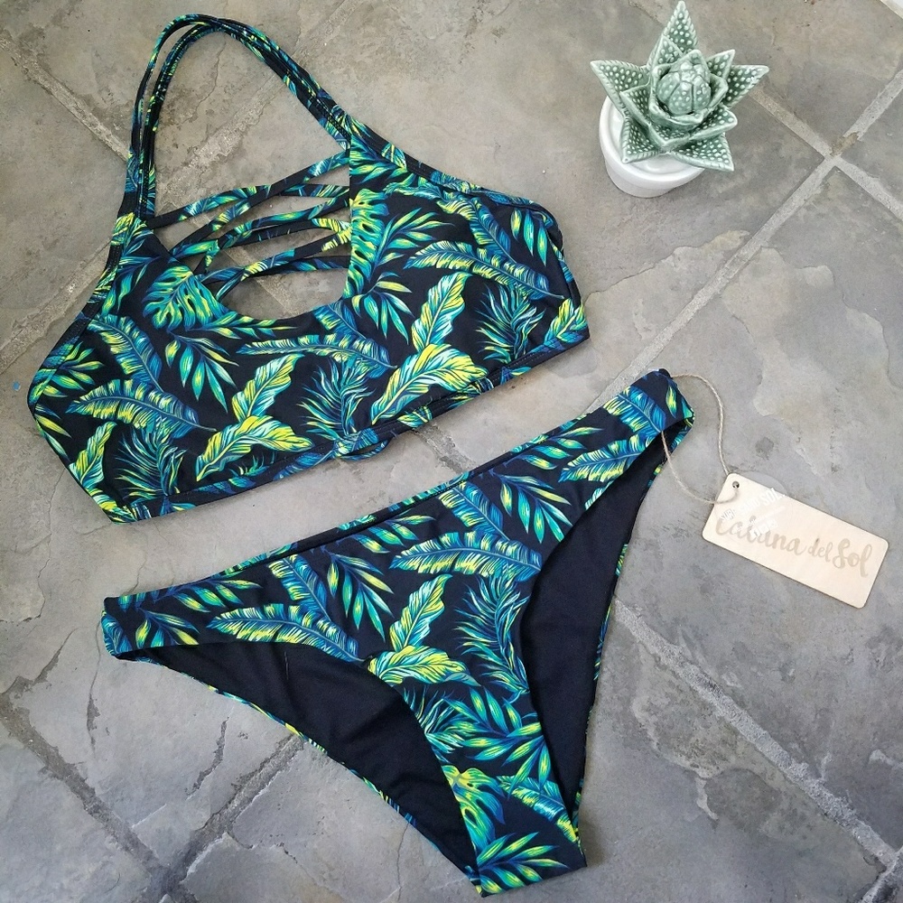Palm Banana Leaf Printed Tropical Strappy Bikini