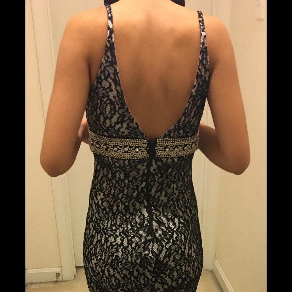 Sequin hearts black lace prom dress