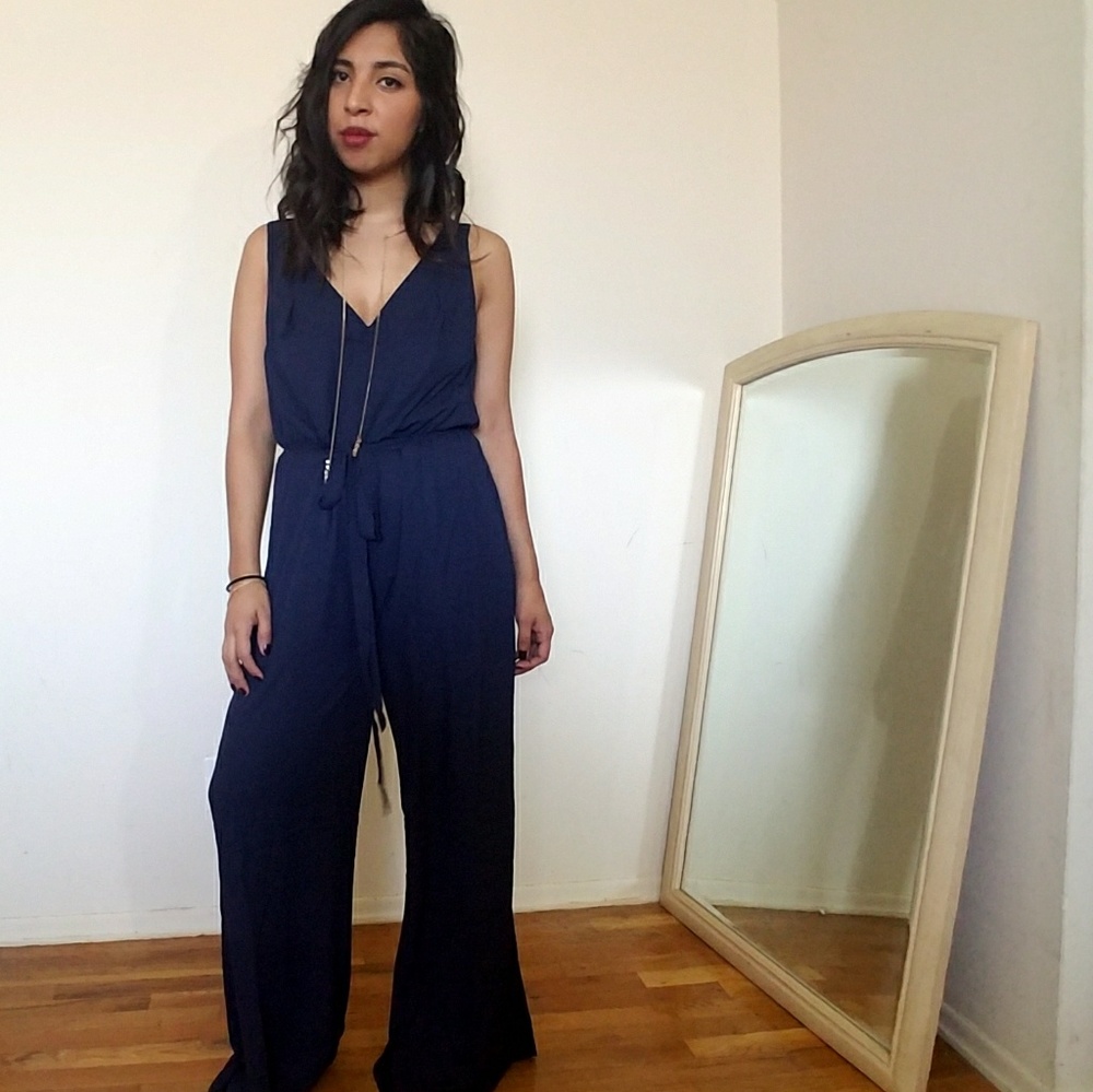 NAVY BLUE FLARED LEG JUMPSUIT - Picture 3 of 7