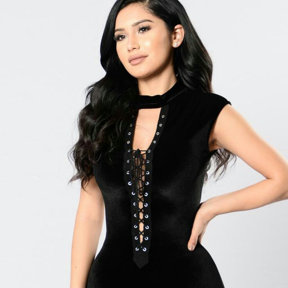 Lace up mock neck velvet dress