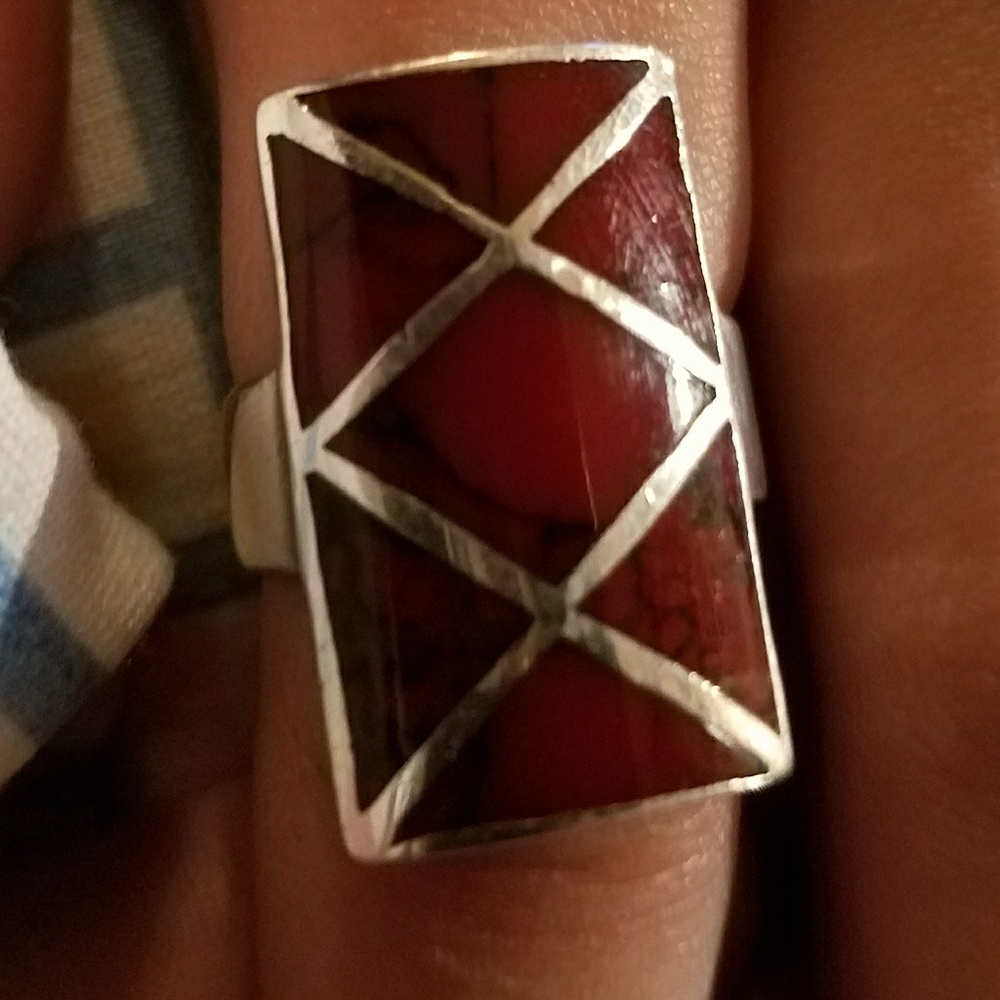 Vintage Indian Sterling and Red Jasper inlay ring