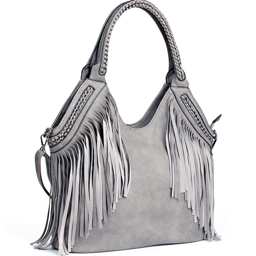 NWOT Grey Fringe Purse