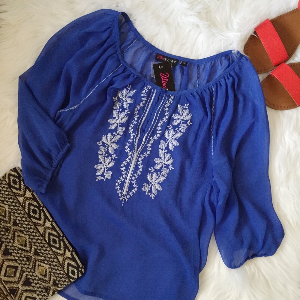 Sheer Embroidered Blue Blouse