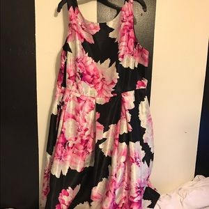 black dress with pink and white flowers.