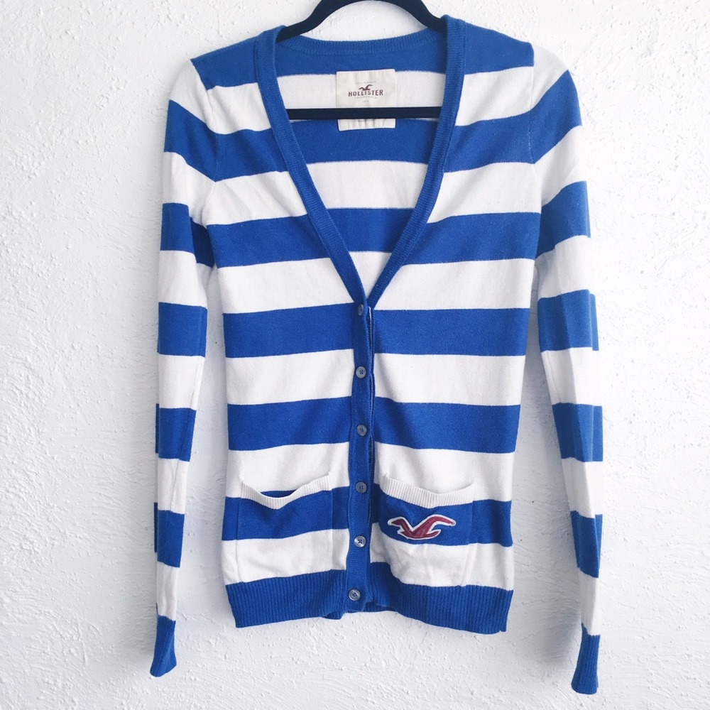 Hollister Blue and White Stripe Cardigan Size Sml