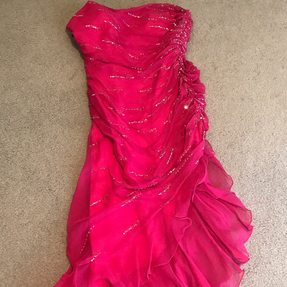 Hot pink strapless formal dress