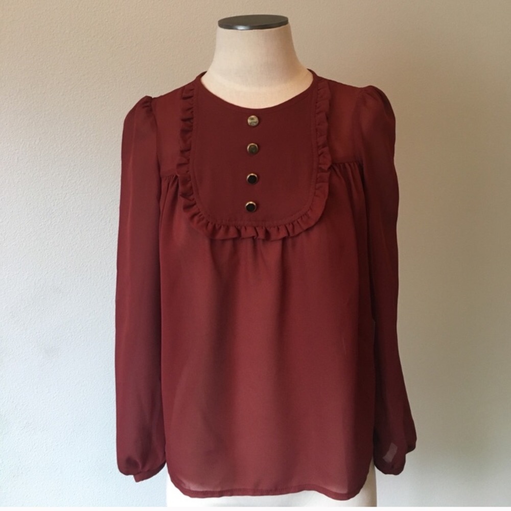 ASOS- Burgundy Sheer Bib Top w/Gold Buttons