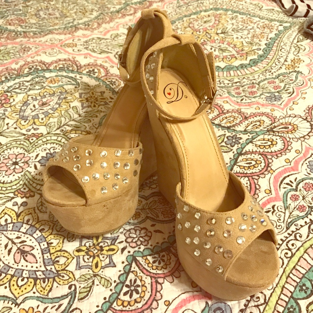 Doll House Nude Wedges with rhinestones