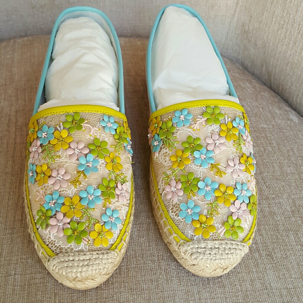 NIB Rene Caovilla Yellow Green Floral Espadrilles