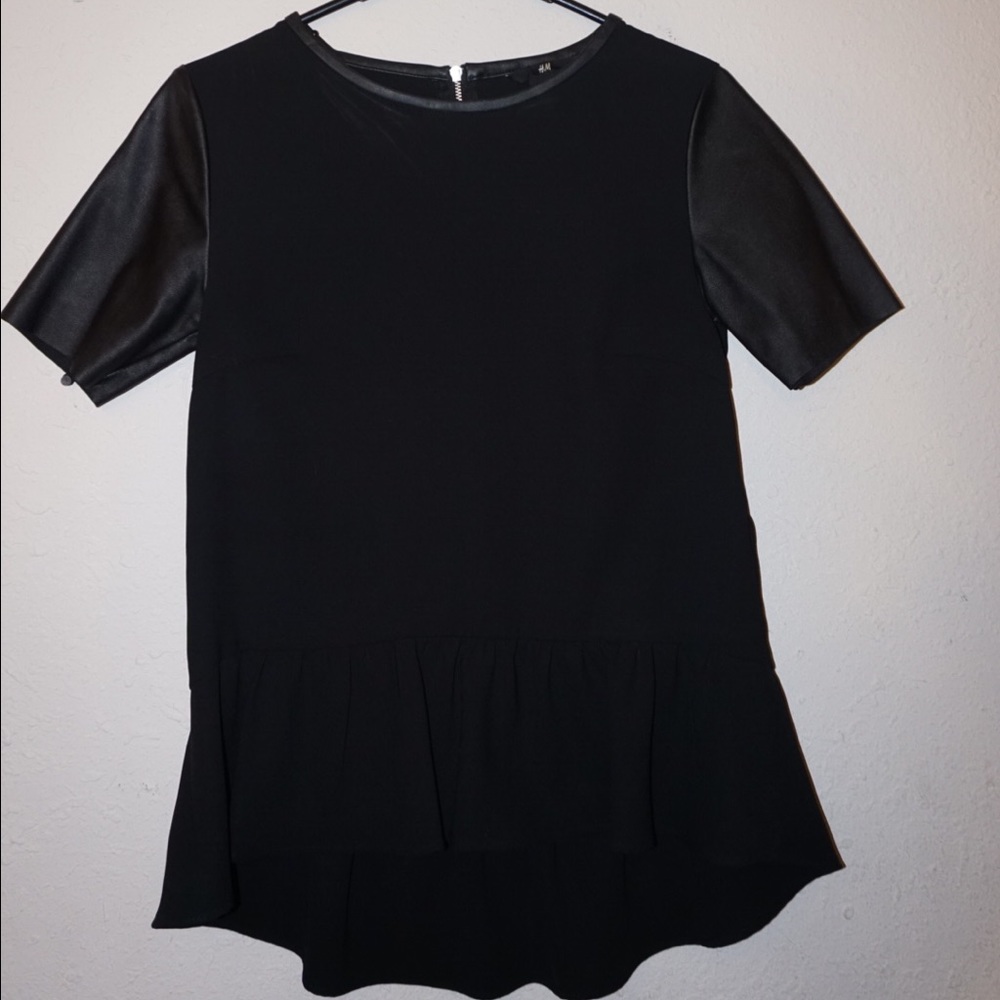 Black peplum top with leather sleeves