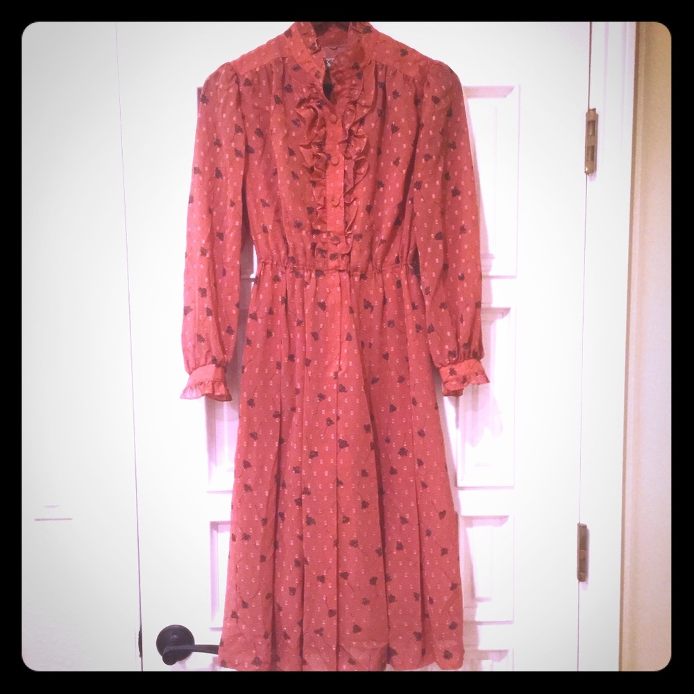 Vintage red bean color long sleeves midi dress