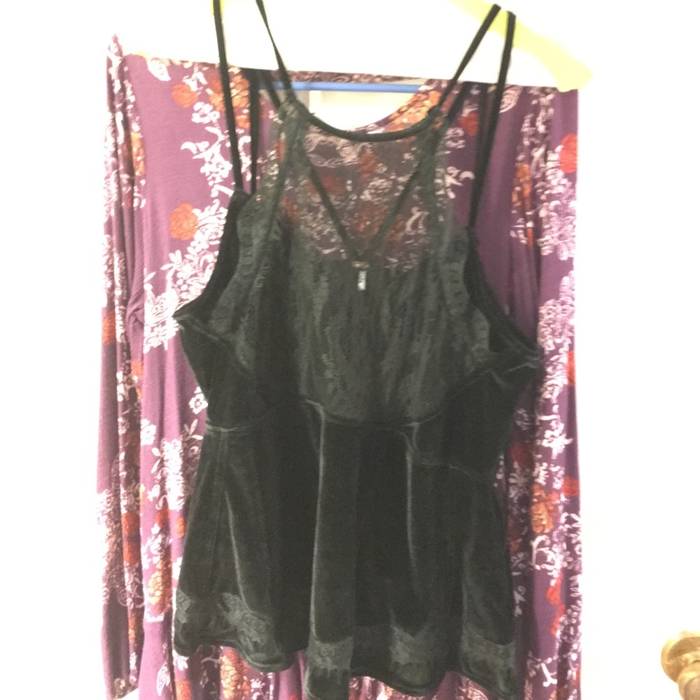 Free People fitted cami top lace over black velvet
