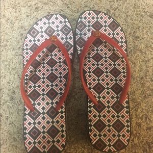 Tort Burch thandie wedge flip flop. Red and black
