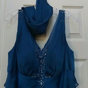 Evening gown, slate blue with scarf