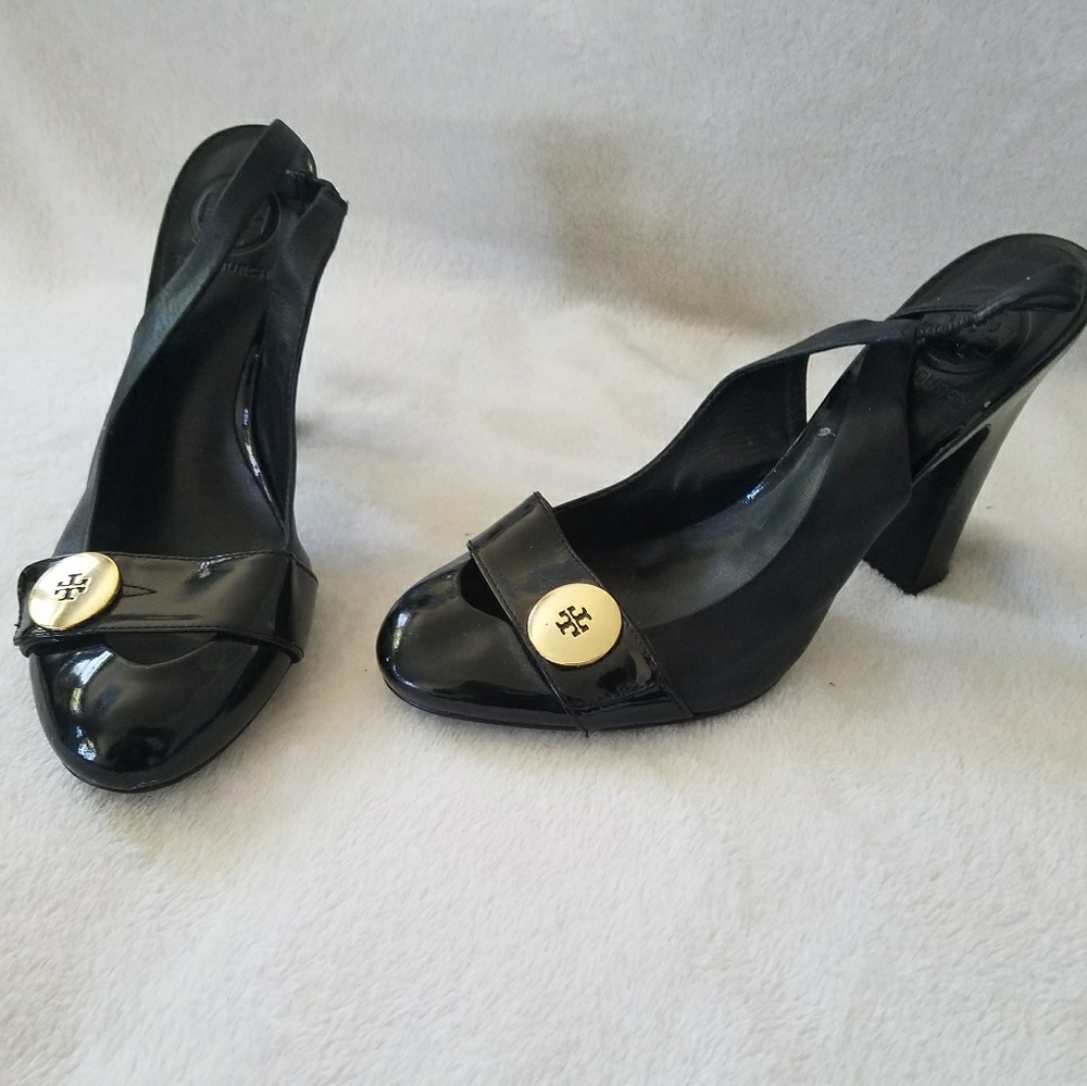 Tory Burch Black Patent Leather Slingbacks Sz 7.5M - Picture 2 of 7