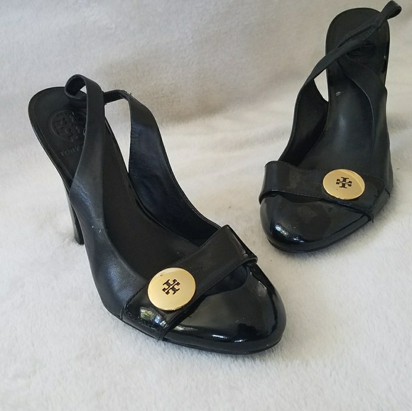 Tory Burch Black Patent Leather Slingbacks Sz 7.5M - Picture 1 of 7