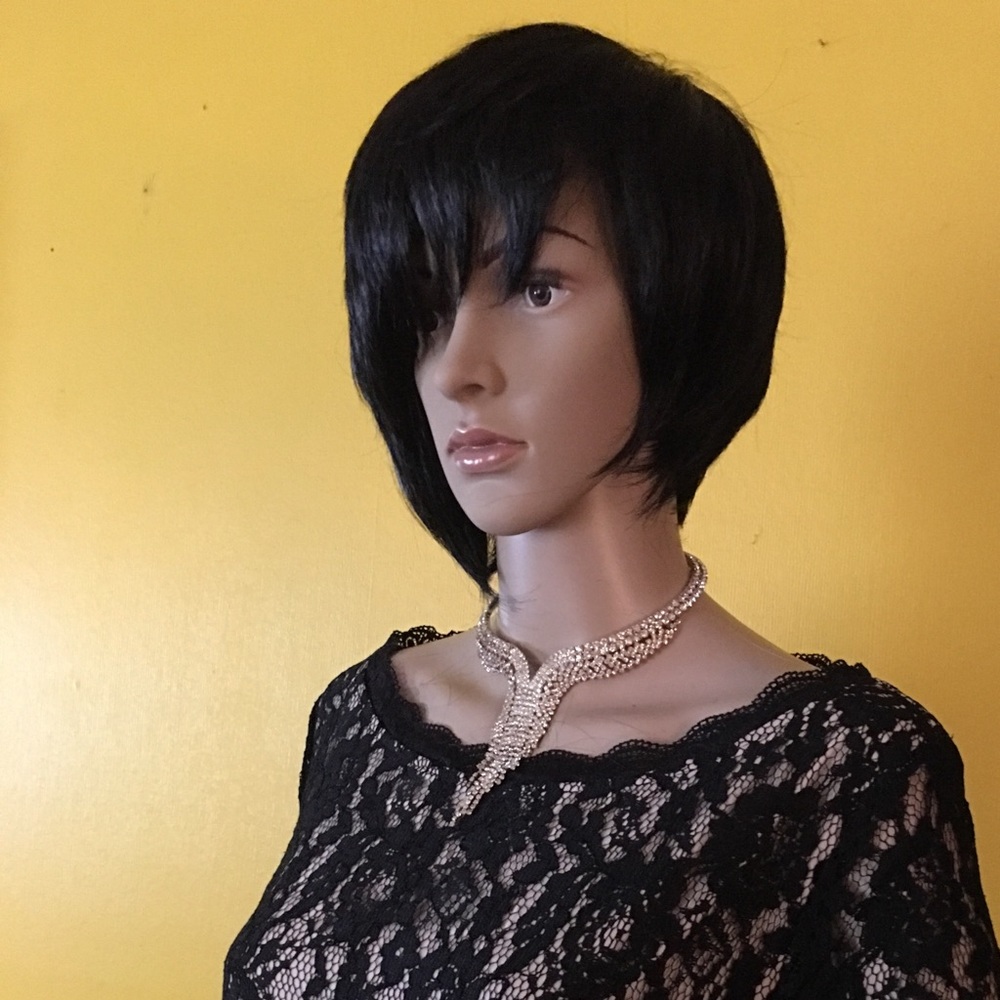 Black lace with neutral lining gown with train