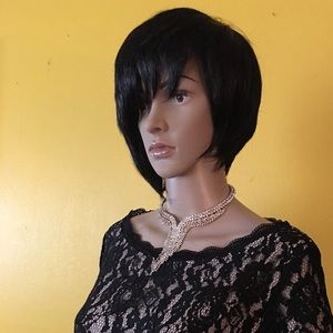 Black lace with neutral lining gown with train