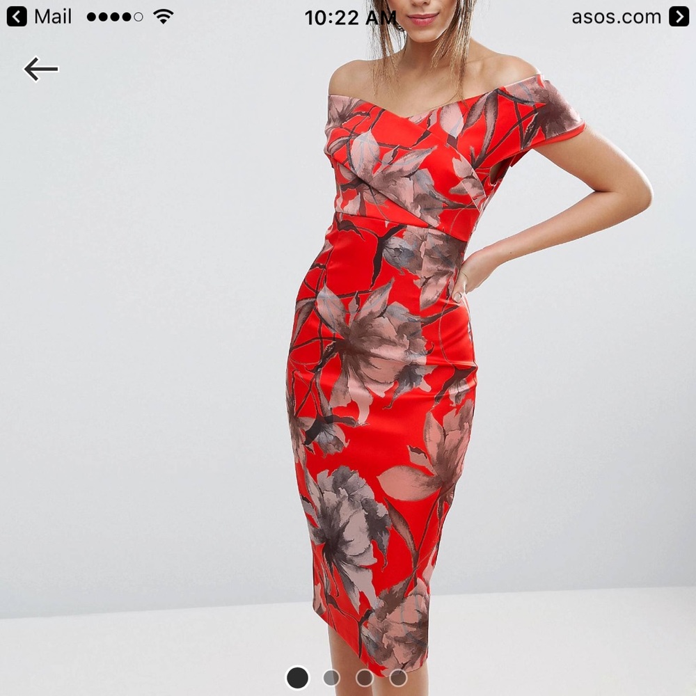 ASOS Bright RED Floral Bardot Pencil Midi Dress