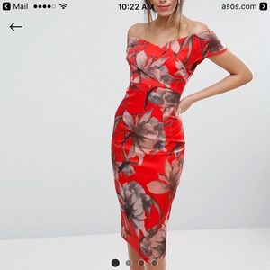ASOS Bright RED Floral Bardot Pencil Midi Dress