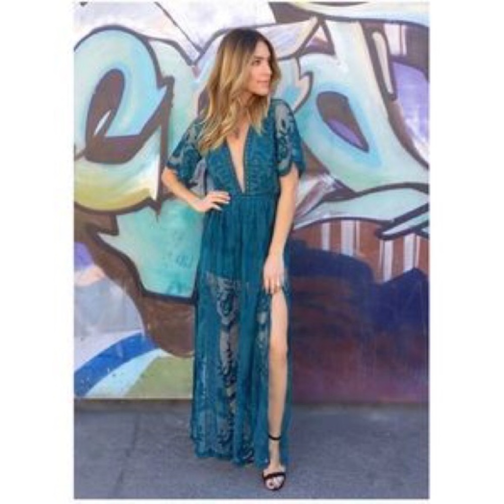 Honeypunch Teal Romper with sheer maxi skirt