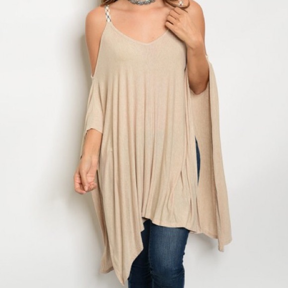 ❗️CLEARANCE❗️Beige Cold Shoulder Tunic Top - Picture 3 of 4